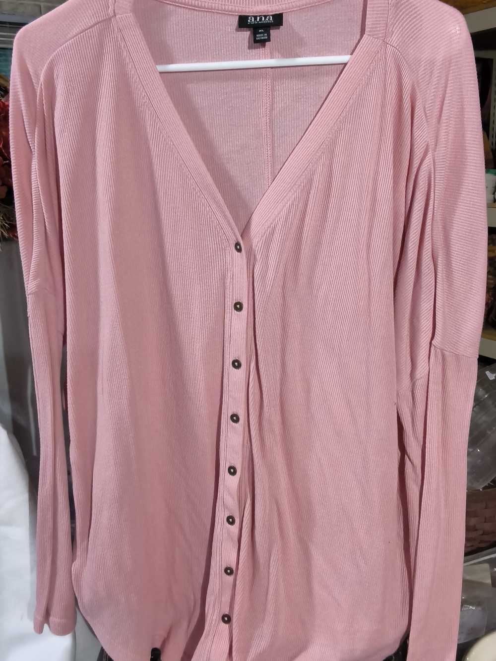 a.n.a Dusty Pink Ribbed Button-Front Long Sleeve Top